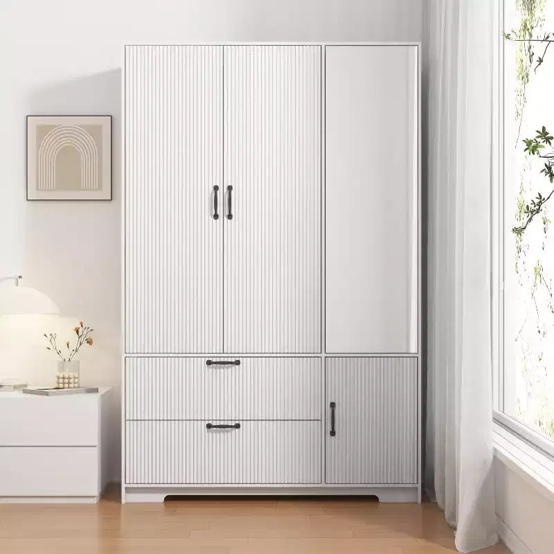 JVNOXK 4 Doors White Wardrobe Closet with Mirror, LED Lights, 2 Drawers, Hanging Rod & Adjustable Shelves, Wooden Bedroom Storage Cabinet