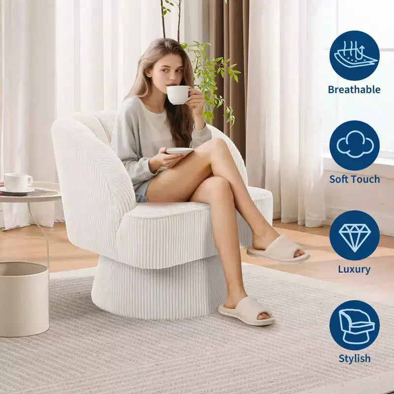 Modern 360 Swivel Barrel Accent Chair,Rotating Round Lounge Armchair with Striped Backrest & Soft Padding, Cozy Club Chair for Living Room, Bedroom