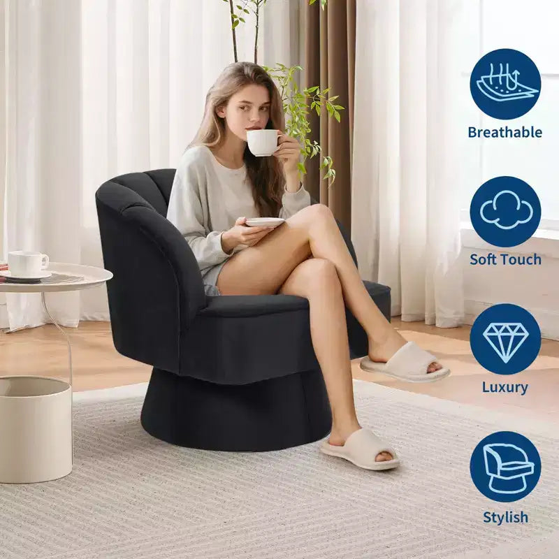 Modern 360 Swivel Barrel Accent Chair,Rotating Round Lounge Armchair with Striped Backrest & Soft Padding, Cozy Club Chair for Living Room, Bedroom
