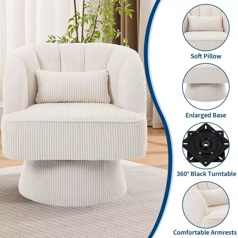 Modern 360 Swivel Barrel Accent Chair,Rotating Round Lounge Armchair with Striped Backrest & Soft Padding, Cozy Club Chair for Living Room, Bedroom