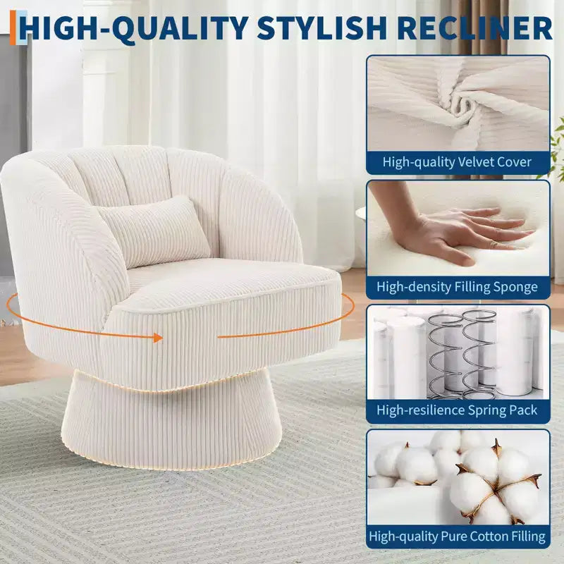 Modern 360 Swivel Barrel Accent Chair,Rotating Round Lounge Armchair with Striped Backrest & Soft Padding, Cozy Club Chair for Living Room, Bedroom