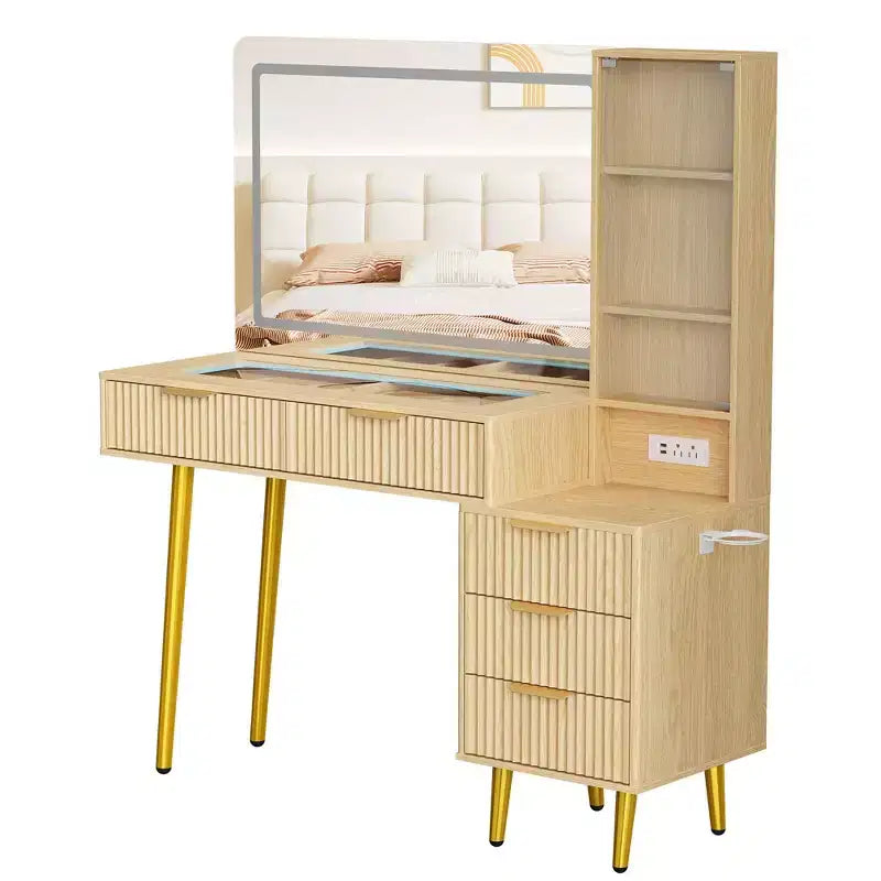 Vanity Desk with Lighted Mirror, 5 Drawers & Power Outlet, Modern Fluted Dressing Table with Storage Shelf for Bedroom,Women Girls