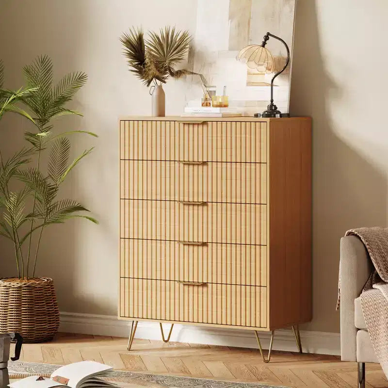 Acekool Fluted 5 Drawer Dresser for Bedroom Wood Storage Dresser and TV Stand with Metal Handles for Living Room Entryway