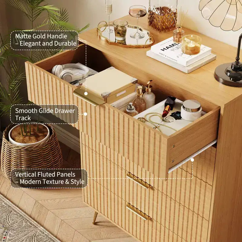 Acekool Fluted 5 Drawer Dresser for Bedroom Wood Storage Dresser and TV Stand with Metal Handles for Living Room Entryway