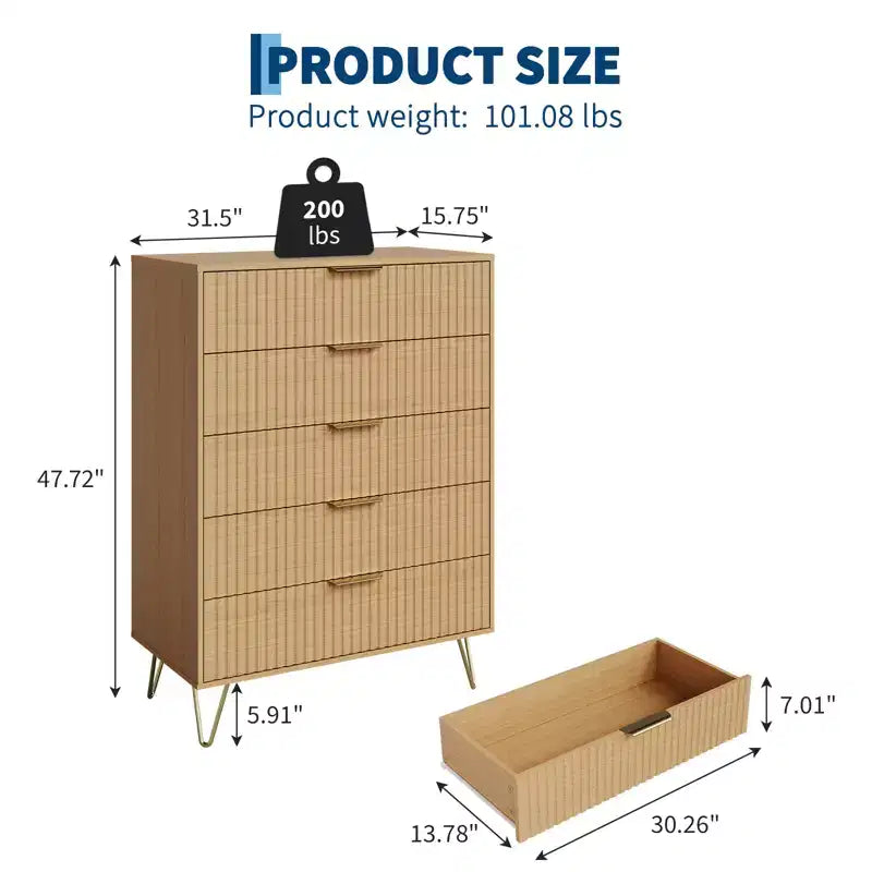 Acekool Fluted 5 Drawer Dresser for Bedroom Wood Storage Dresser and TV Stand with Metal Handles for Living Room Entryway