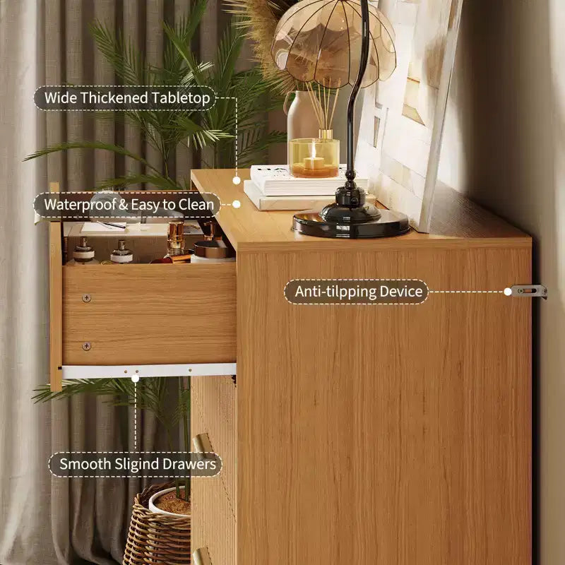 Acekool Fluted 5 Drawer Dresser for Bedroom Wood Storage Dresser and TV Stand with Metal Handles for Living Room Entryway