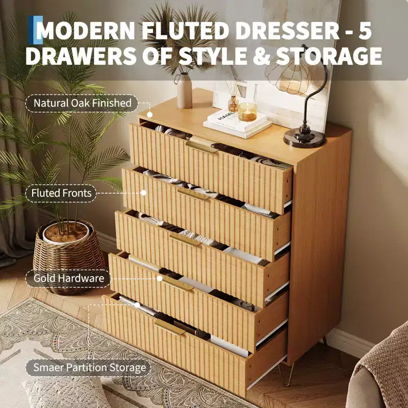 Acekool Fluted 5 Drawer Dresser for Bedroom Wood Storage Dresser and TV Stand with Metal Handles for Living Room Entryway