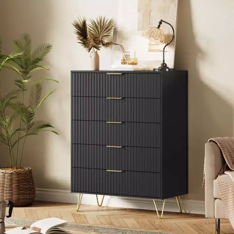 Acekool Fluted 5 Drawer Dresser for Bedroom Wood Storage Dresser and TV Stand with Metal Handles for Living Room Entryway