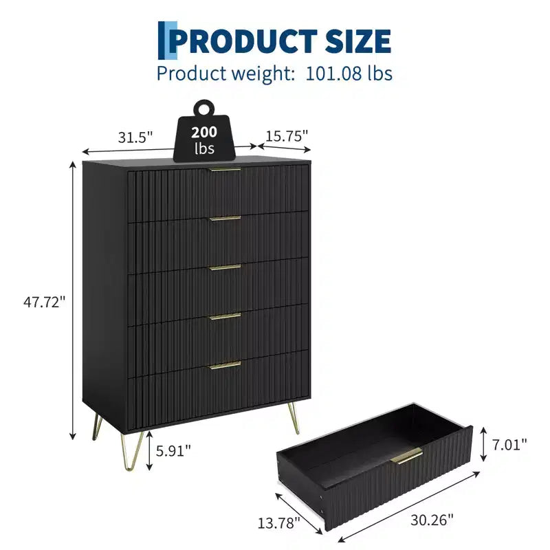 Acekool Fluted 5 Drawer Dresser for Bedroom Wood Storage Dresser and TV Stand with Metal Handles for Living Room Entryway