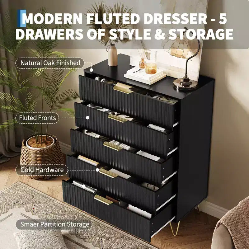 Acekool Fluted 5 Drawer Dresser for Bedroom Wood Storage Dresser and TV Stand with Metal Handles for Living Room Entryway