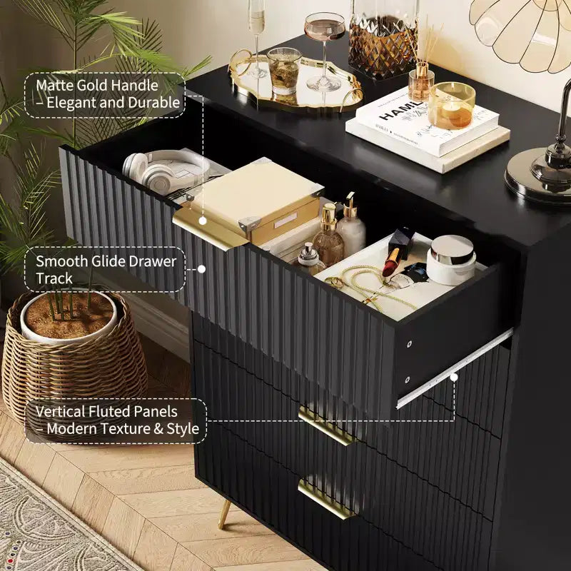 Acekool Fluted 5 Drawer Dresser for Bedroom Wood Storage Dresser and TV Stand with Metal Handles for Living Room Entryway