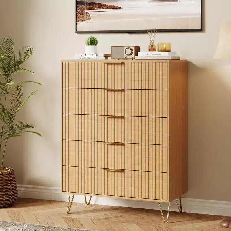 Acekool Fluted 5 Drawer Dresser for Bedroom Wood Storage Dresser and TV Stand with Metal Handles for Living Room Entryway