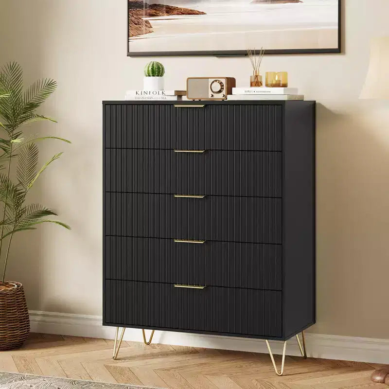 Acekool Fluted 5 Drawer Dresser for Bedroom Wood Storage Dresser and TV Stand with Metal Handles for Living Room Entryway