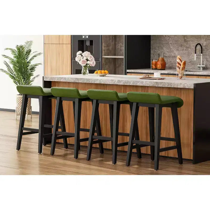 Set of 4 Counter Height Bar Stools with Low Back & Footrest, Wood Frame, Wide PU Leather Seat for Kitchen Islands & Counter Bars, Brown