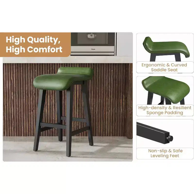 Set of 4 Counter Height Bar Stools with Low Back & Footrest, Wood Frame, Wide PU Leather Seat for Kitchen Islands & Counter Bars, Brown