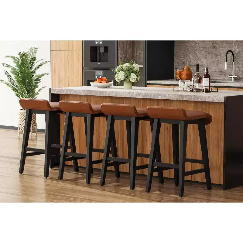 Set of 4 Counter Height Bar Stools with Low Back & Footrest, Wood Frame, Wide PU Leather Seat for Kitchen Islands & Counter Bars, Brown