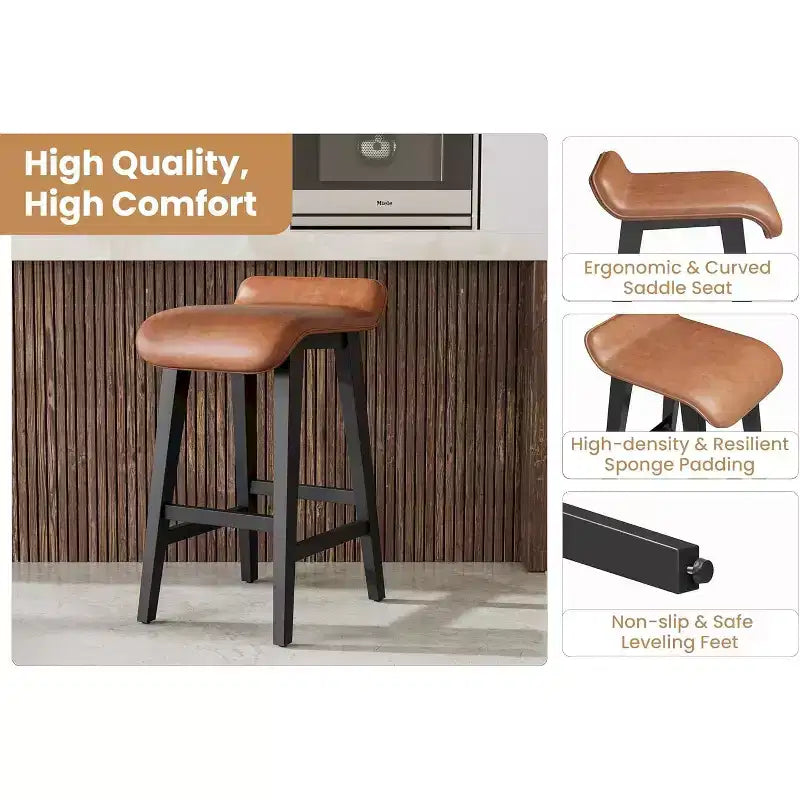Set of 4 Counter Height Bar Stools with Low Back & Footrest, Wood Frame, Wide PU Leather Seat for Kitchen Islands & Counter Bars, Brown