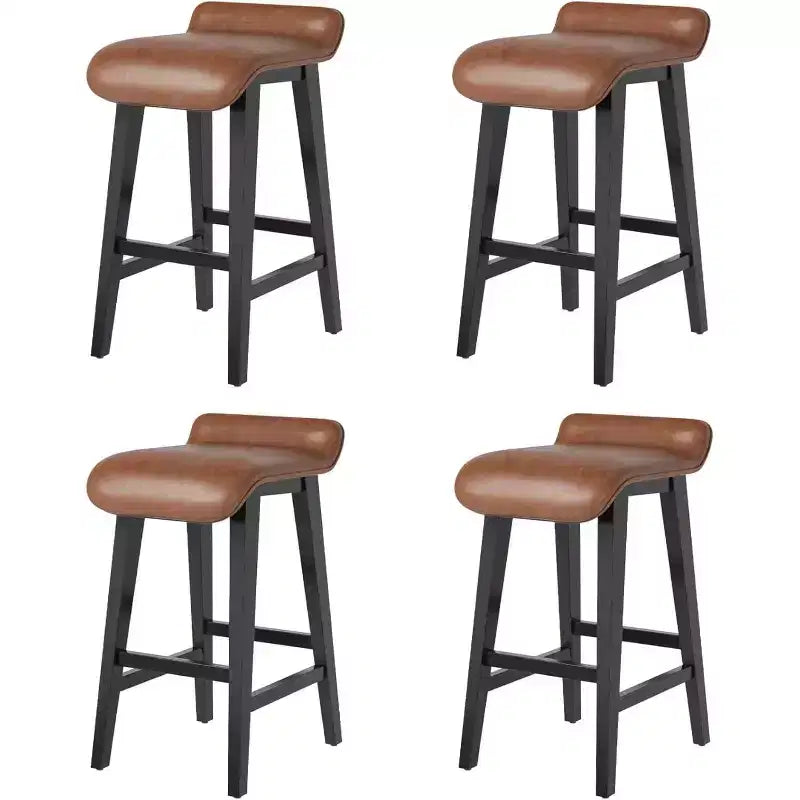 Set of 4 Counter Height Bar Stools with Low Back & Footrest, Wood Frame, Wide PU Leather Seat for Kitchen Islands & Counter Bars, Brown