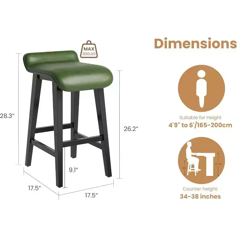 Set of 4 Counter Height Bar Stools with Low Back & Footrest, Wood Frame, Wide PU Leather Seat for Kitchen Islands & Counter Bars, Brown