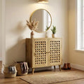 FurnitureR Accent Storage Cabinet with Woven Doors, Sideboard Buffet Cabinet with Shelves for Living Room, Entryway, Dining Room Storage Organizer