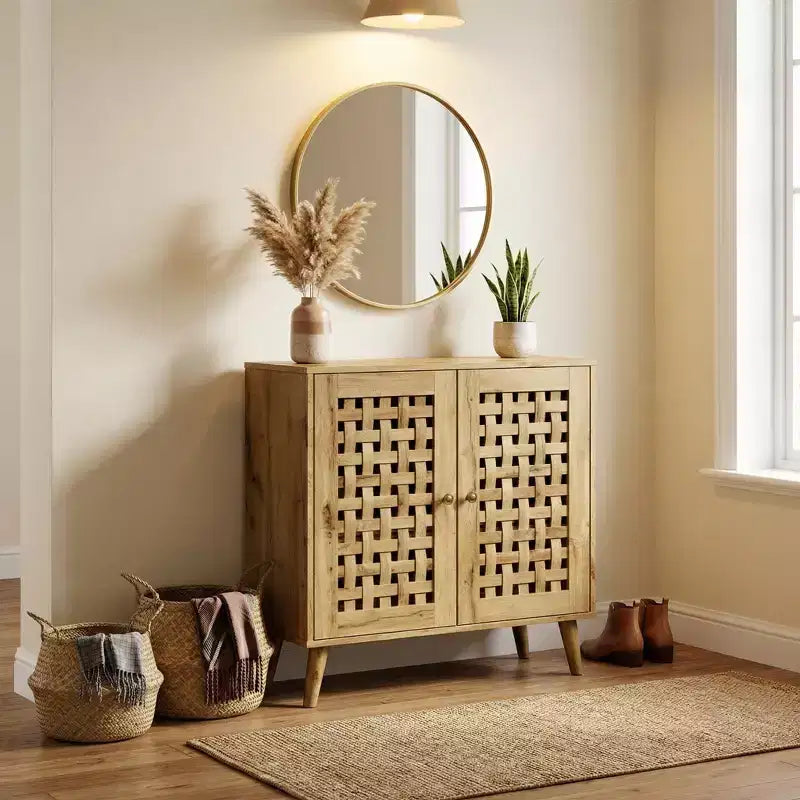 FurnitureR Accent Storage Cabinet with Woven Doors, Sideboard Buffet Cabinet with Shelves for Living Room, Entryway, Dining Room Storage Organizer