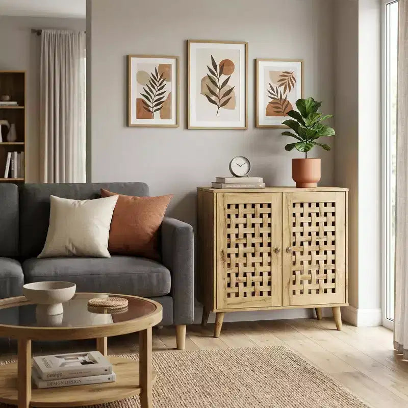 FurnitureR Accent Storage Cabinet with Woven Doors, Sideboard Buffet Cabinet with Shelves for Living Room, Entryway, Dining Room Storage Organizer