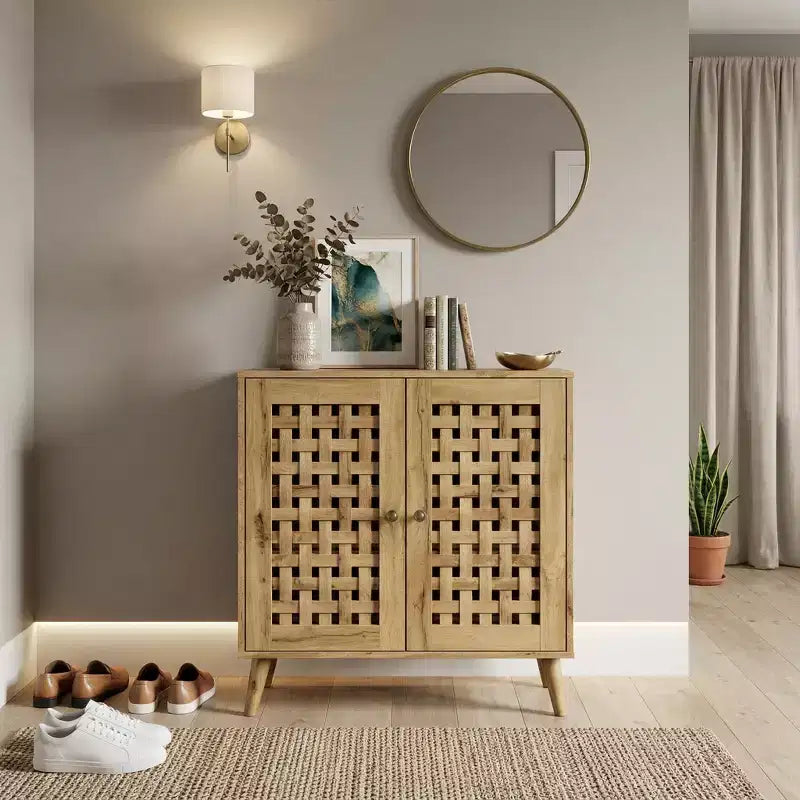 FurnitureR Accent Storage Cabinet with Woven Doors, Sideboard Buffet Cabinet with Shelves for Living Room, Entryway, Dining Room Storage Organizer