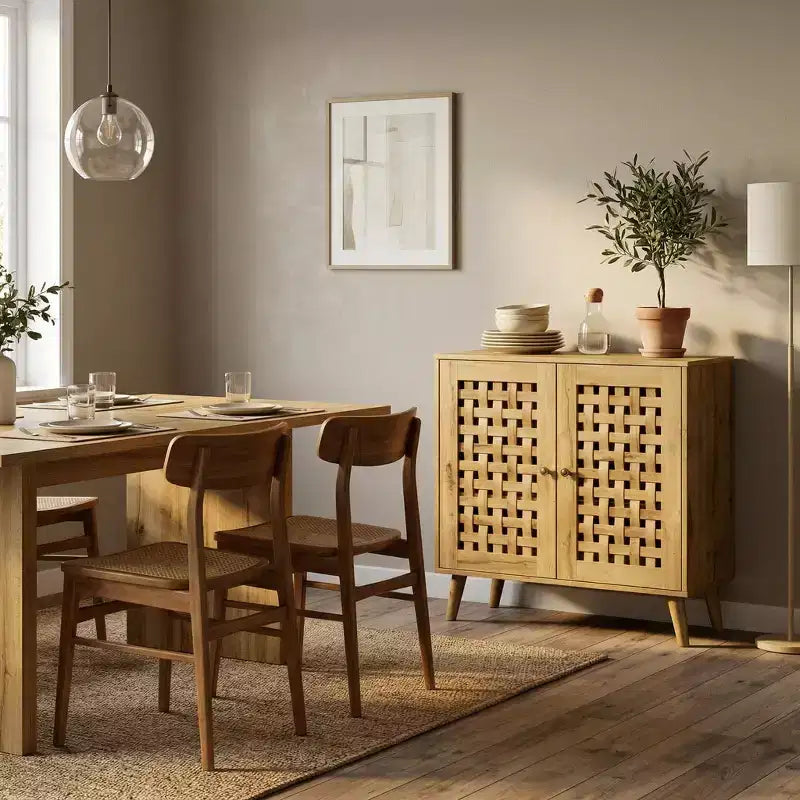 FurnitureR Accent Storage Cabinet with Woven Doors, Sideboard Buffet Cabinet with Shelves for Living Room, Entryway, Dining Room Storage Organizer