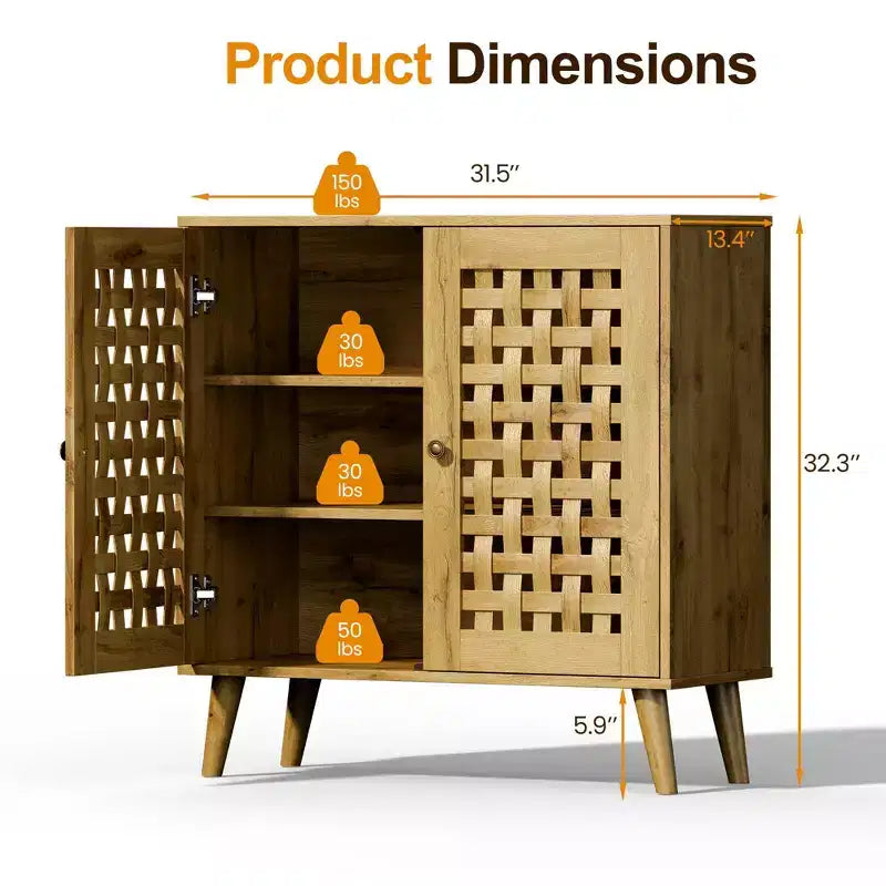 FurnitureR Accent Storage Cabinet with Woven Doors, Sideboard Buffet Cabinet with Shelves for Living Room, Entryway, Dining Room Storage Organizer