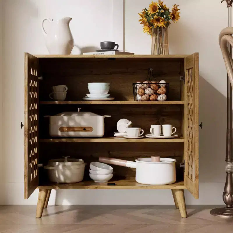 FurnitureR Accent Storage Cabinet with Woven Doors, Sideboard Buffet Cabinet with Shelves for Living Room, Entryway, Dining Room Storage Organizer
