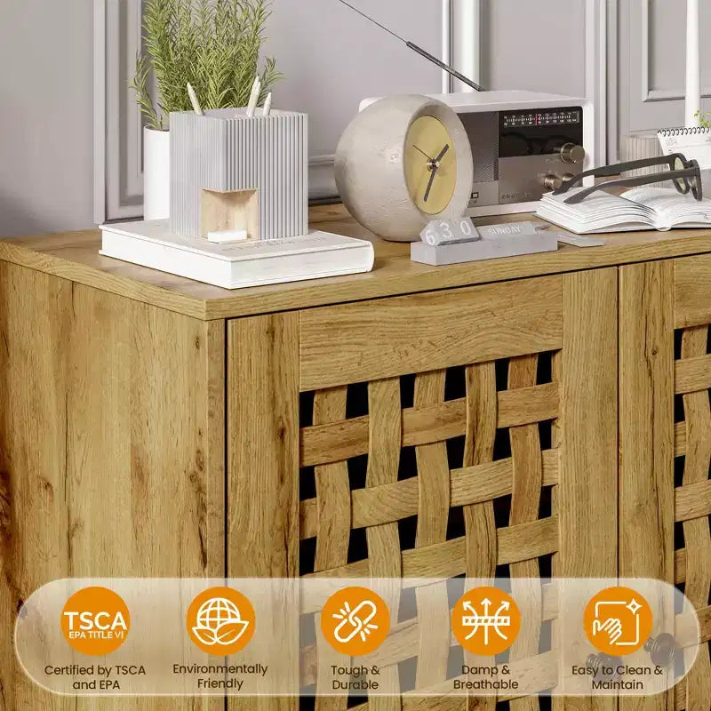 FurnitureR Accent Storage Cabinet with Woven Doors, Sideboard Buffet Cabinet with Shelves for Living Room, Entryway, Dining Room Storage Organizer
