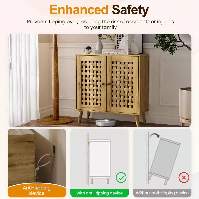 FurnitureR Accent Storage Cabinet with Woven Doors, Sideboard Buffet Cabinet with Shelves for Living Room, Entryway, Dining Room Storage Organizer