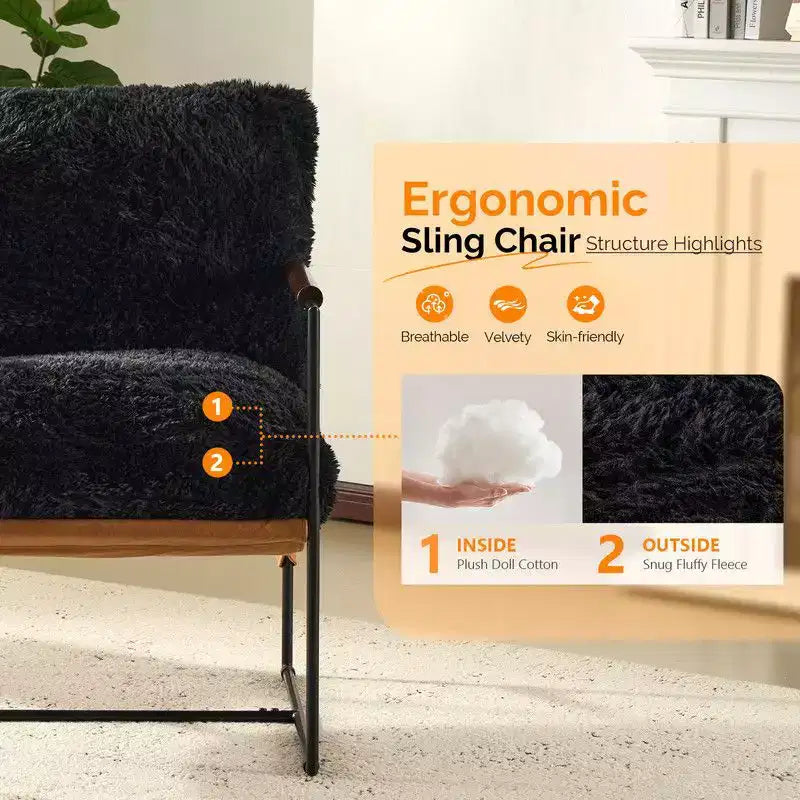 Karl Home Plush Rabbit Fur Lazy Chair - Rubber Wood Arms, Iron Frame (Living Room/Bedroom)
