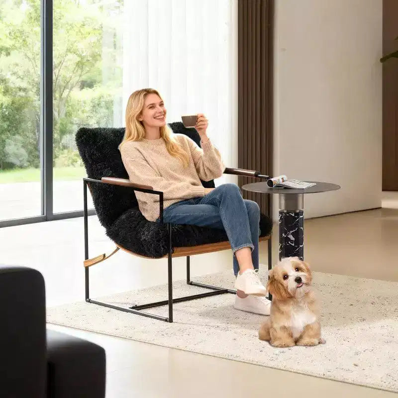 Karl Home Plush Rabbit Fur Lazy Chair - Rubber Wood Arms, Iron Frame (Living Room/Bedroom)