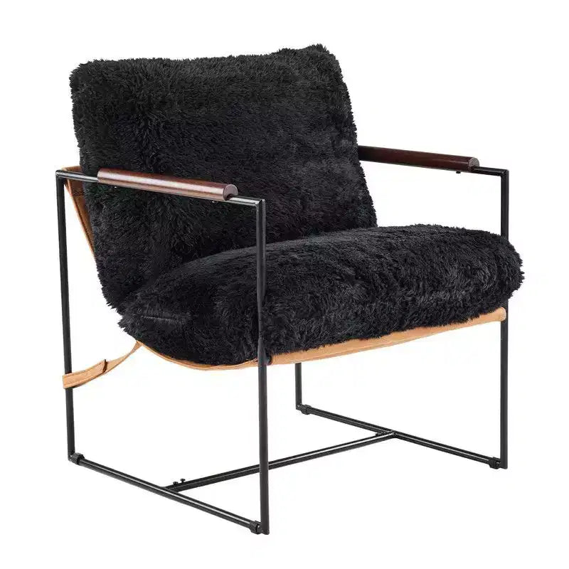 Karl Home Plush Rabbit Fur Lazy Chair - Rubber Wood Arms, Iron Frame (Living Room/Bedroom)