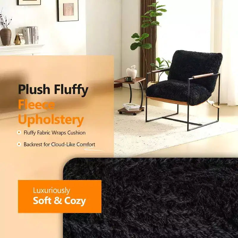 Karl Home Plush Rabbit Fur Lazy Chair - Rubber Wood Arms, Iron Frame (Living Room/Bedroom)