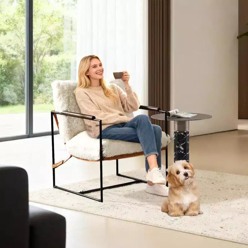 Karl Home Plush Rabbit Fur Lazy Chair - Rubber Wood Arms, Iron Frame (Living Room/Bedroom)