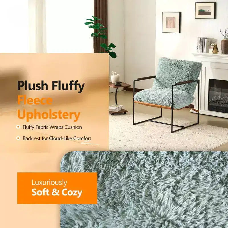 Karl Home Plush Rabbit Fur Lazy Chair - Rubber Wood Arms, Iron Frame (Living Room/Bedroom)
