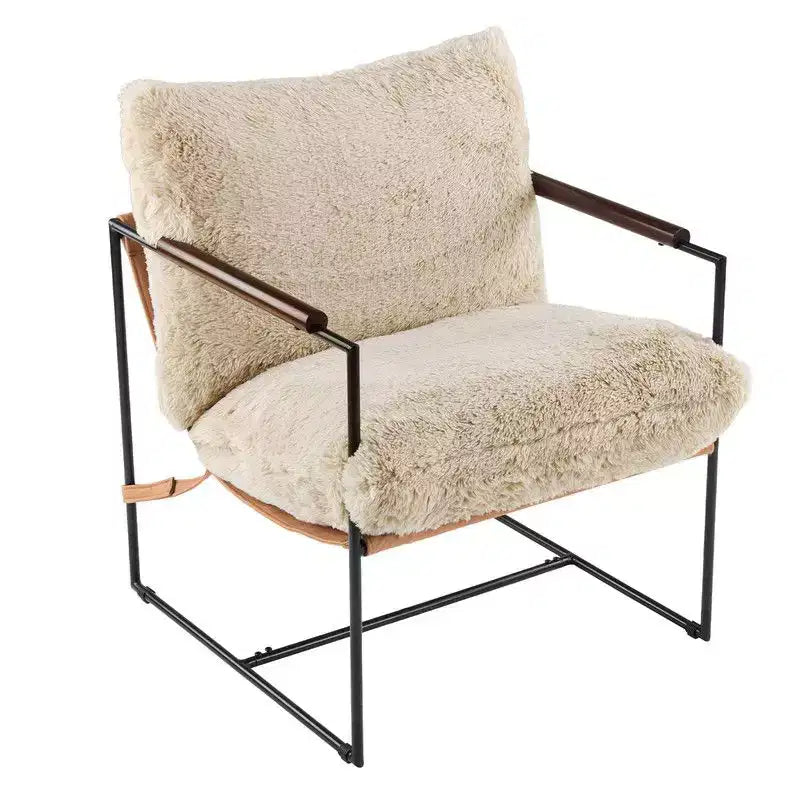 Karl Home Plush Rabbit Fur Lazy Chair - Rubber Wood Arms, Iron Frame (Living Room/Bedroom)