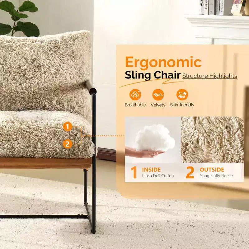 Karl Home Plush Rabbit Fur Lazy Chair - Rubber Wood Arms, Iron Frame (Living Room/Bedroom)