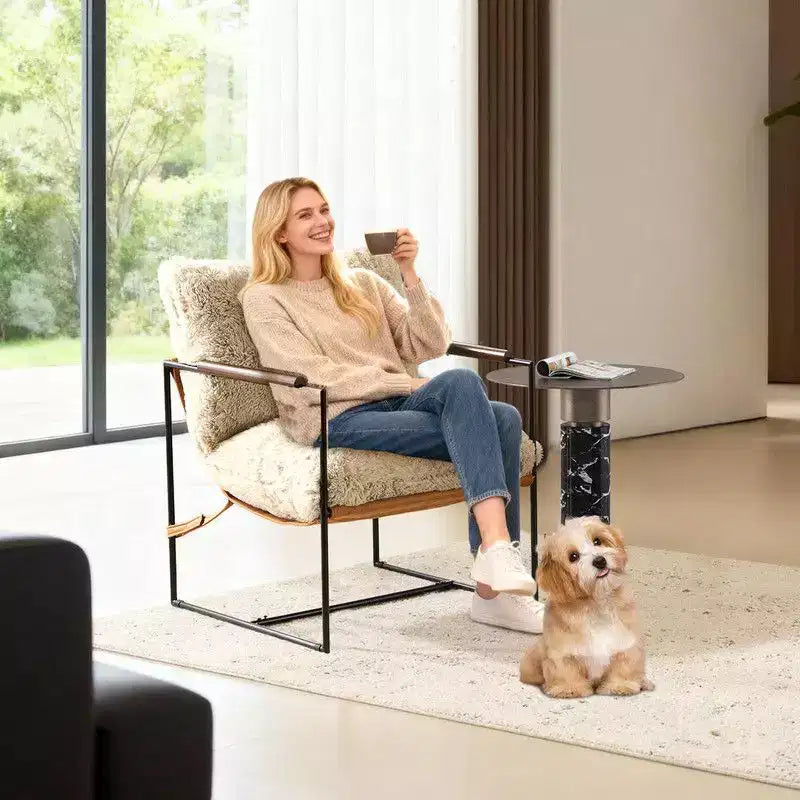 Karl Home Plush Rabbit Fur Lazy Chair - Rubber Wood Arms, Iron Frame (Living Room/Bedroom)
