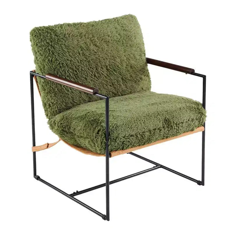 Karl Home Plush Rabbit Fur Lazy Chair - Rubber Wood Arms, Iron Frame (Living Room/Bedroom)