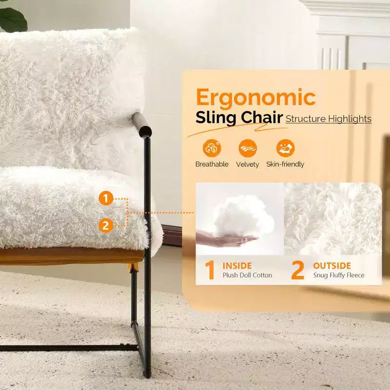 Karl Home Plush Rabbit Fur Lazy Chair - Rubber Wood Arms, Iron Frame (Living Room/Bedroom)