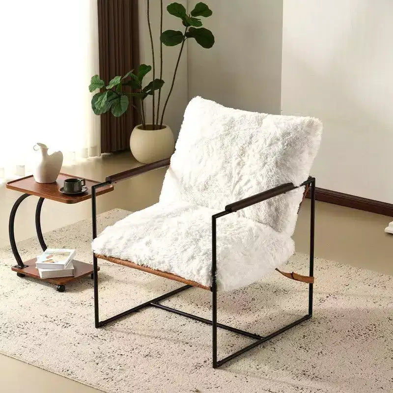 Karl Home Plush Rabbit Fur Lazy Chair - Rubber Wood Arms, Iron Frame (Living Room/Bedroom)