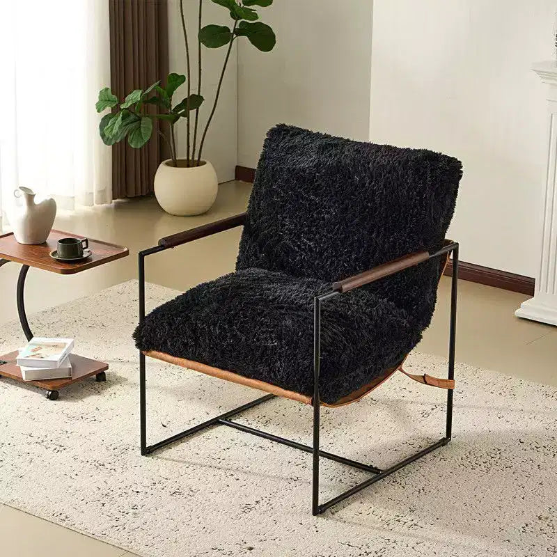 Fauteuil paresseux en fourrure de lapin en peluche Karl Home – Accoudoirs en bois d'hévéa, cadre en fer (salon/chambre)