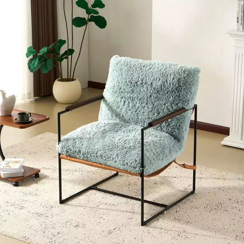 Fauteuil paresseux en fourrure de lapin en peluche Karl Home – Accoudoirs en bois d'hévéa, cadre en fer (salon/chambre)
