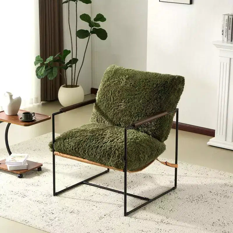 Fauteuil paresseux en fourrure de lapin en peluche Karl Home – Accoudoirs en bois d'hévéa, cadre en fer (salon/chambre)