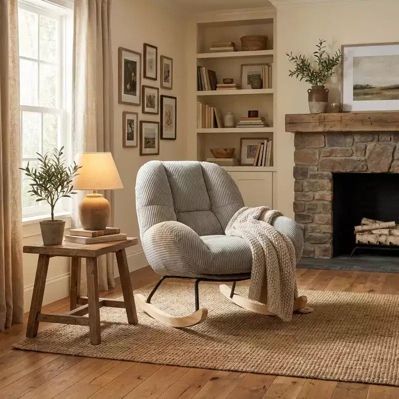 Homy Casa Corduroy Rocking Accent Chair, Fabric Upholstered Rocking Chair, Rocking Armchair, Grey