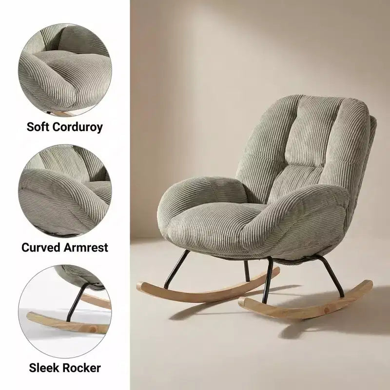 Homy Casa Corduroy Rocking Accent Chair, Fabric Upholstered Rocking Chair, Rocking Armchair, Grey