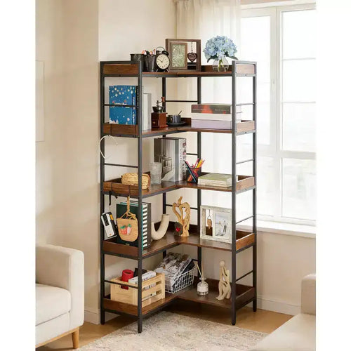Étagère d'angle haute de 65 pouces, bibliothèque industrielle réversible à 5 niveaux avec 4 crochets, étagère de présentation ouverte en bois avec cadre en métal pour chambre à coucher, bureau